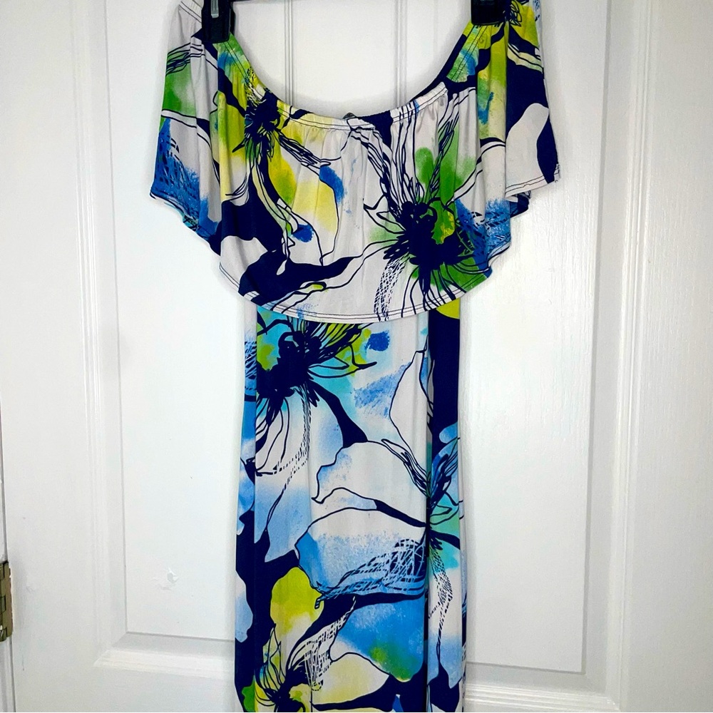 Fashion Nova Off-Shoulder Maxi Dress with ruffles Blue and Green Floral Print- L